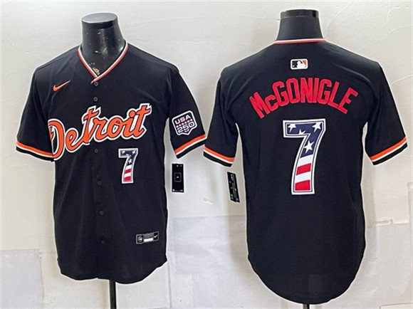 Men's Detroit Tigers 7 Kevin McGonigle Black 2026 USA 250 Fourth of July Stitched Baseball Jersey