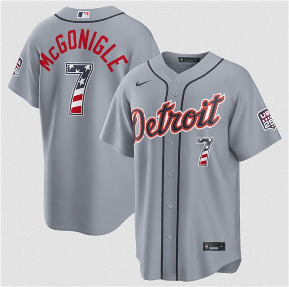 Men's Detroit Tigers 7 Kevin McGonigle Gray 2026 USA 250 Fourth of July Stitched Baseball Jersey