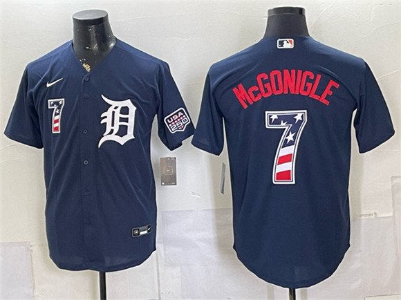 Men's Detroit Tigers 7 Kevin McGonigle Navy 2026 USA 250 Fourth of July Stitched Baseball Jersey