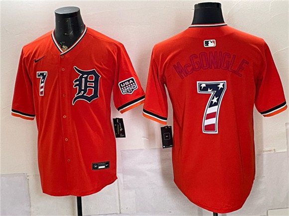 Men's Detroit Tigers 7 Kevin McGonigle Orange 2026 USA 250 Fourth of July Stitched Baseball Jersey