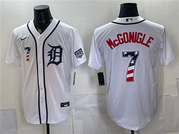 Men's Detroit Tigers 7 Kevin McGonigle White 2026 USA 250 Fourth of July Stitched Baseball Jersey