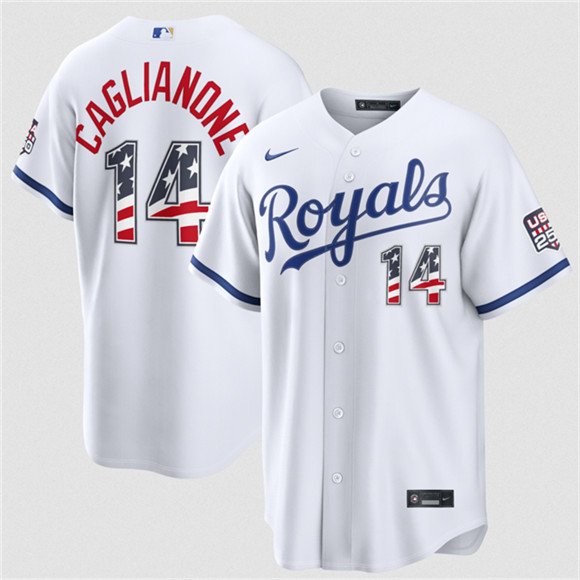 Men's Kansas City Royals 14 Jac Caglianone White USA 250 Fourth of July Stitched Baseball Jersey