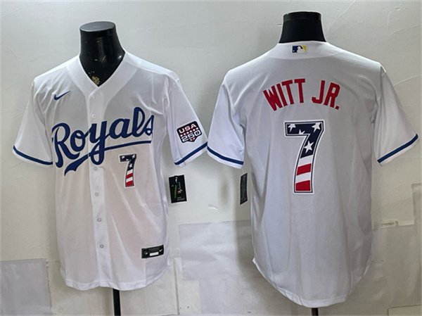 Men's Kansas City Royals 7 Bobby Witt Jr White 250 Fourth of July Stitched Baseball Jersey