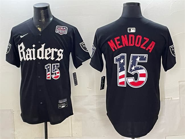 Men's Las Vegas Raiders 15 Fernando Mendoza Black USA 250 Fourth of July 'Gothic Sin City Shadows Edition' Vapor Limited Stitched Baseball Jersey Men's Las Vegas Raiders 15 Fernando Mendoza Black USA 250 Fourth of July 'Gothic Sin City Shadows Edition' Vapor Limited Stitched Baseball Jersey