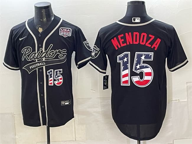 Men's Las Vegas Raiders 15 Fernando Mendoza Black USA 250 Fourth of July Vapor Limited Stitched Baseball Jersey Men's Las Vegas Raiders 15 Fernando Mendoza Black USA 250 Fourth of July Vapor Limited Stitched Baseball Jersey