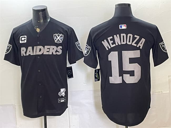 Men's Las Vegas Raiders 15 Fernando Mendoza Black With 3 Star C Patch Nevada Silver Stat Patch And 65th Anniversary Patch Stitched Football Jersey