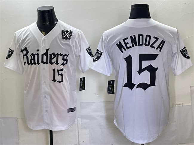 Men's Las Vegas Raiders 15 Fernando Mendoza White 'Gothic Sin City Shadows Edition' With 65th Anniversary Patch Vapor Limited Stitched Baseball Jersey