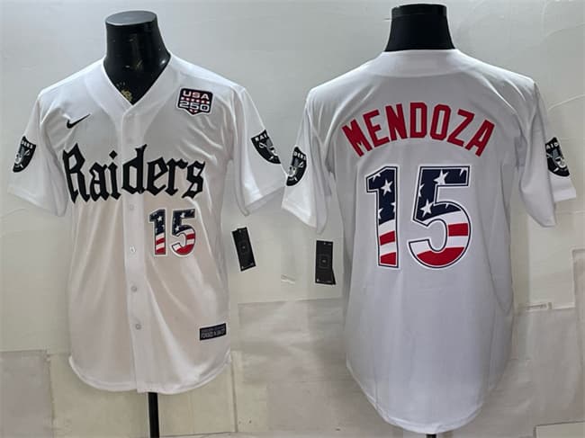 Men's Las Vegas Raiders 15 Fernando Mendoza White USA 250 Fourth of July 'Gothic Sin City Shadows Edition' Vapor Limited Stitched Baseball Jersey Men's Las Vegas Raiders 15 Fernando Mendoza White USA 250 Fourth of July 'Gothic Sin City Shadows Edition' Vapor Limited Stitched Baseball Jersey