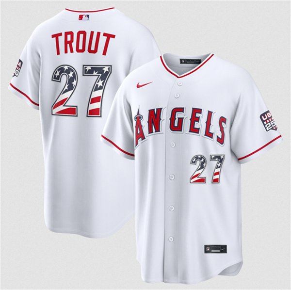 Men's Los Angeles Angels 27 Mike Trout 2026 White USA 250 Fourth of July Home Stadium Stitched Baseball Jersey