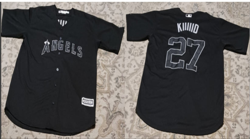 Men's Los Angeles Angels 27 Mike Trout KIIIIID Black Stitched Baseball Jersey