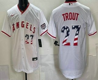 Men's Los Angeles Angels 27 Mike Trout White USA 250 Fourth of July Home Stadium Stitched Jersey