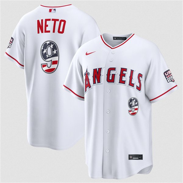 Men's Los Angeles Angels 9 Zach Neto 2026 White USA 250 Fourth of July Home Stadium Stitched Baseball Jersey