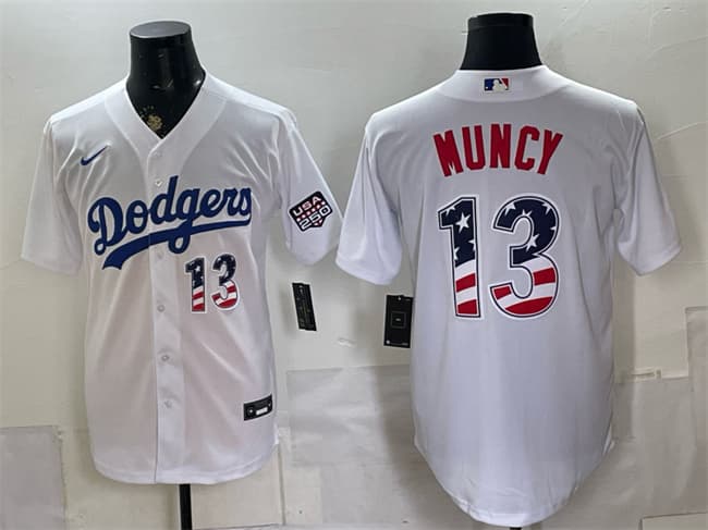 Men's Los Angeles Dodgers 13 Max Muncy White USA 250 Fourth of July Home Stitched Baseball Jersey