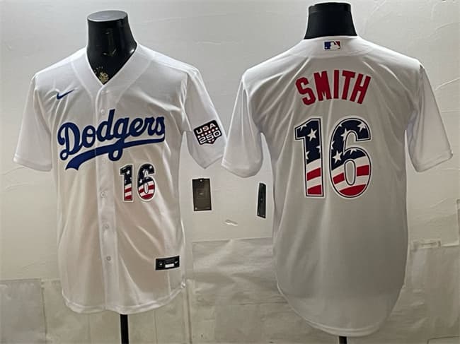 Men's Los Angeles Dodgers 16 Will Smith White USA 250 Fourth of July Home Stitched Baseball Jersey