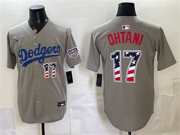 Men's Los Angeles Dodgers 17 Shohei Ohtani Gray 250 Fourth of July Road Stitched Baseball Jersey