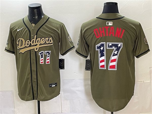 Men's Los Angeles Dodgers 17 Shohei Ohtani Olive 2026 Armed Forces Day 250 Fourth of July Stitched Baseball Jersey