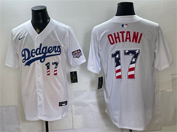 Men's Los Angeles Dodgers 17 Shohei Ohtani White 250 Fourth of July Home Stitched Baseball Jersey