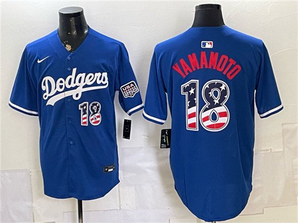 Men's Los Angeles Dodgers 18 Yoshinobu Yamamoto Blue USA 250 Fourth of July Stitched Baseball Jersey
