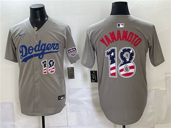 Men's Los Angeles Dodgers 18 Yoshinobu Yamamoto Gray USA 250 Fourth of July Stitched Baseball Jersey