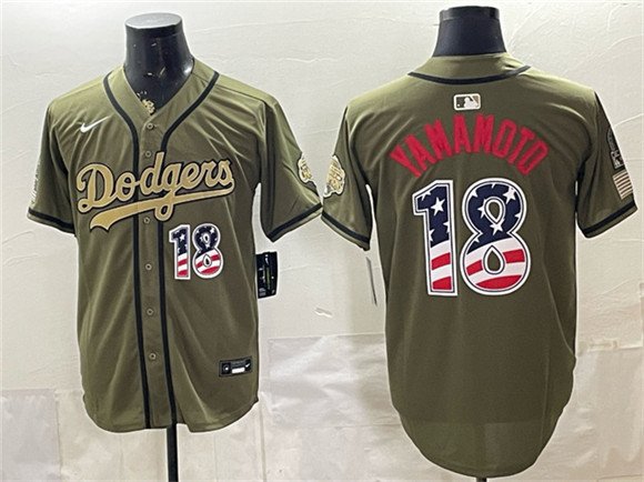 Men's Los Angeles Dodgers 18 Yoshinobu Yamamoto Olive 2026 Armed Forces Day USA 250 Fourth of July Stitched Baseball Jersey