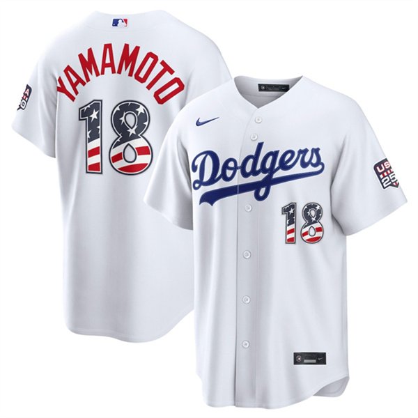 Men's Los Angeles Dodgers 18 Yoshinobu Yamamoto White USA 250 Fourth of July Home Stitched Baseball Jersey