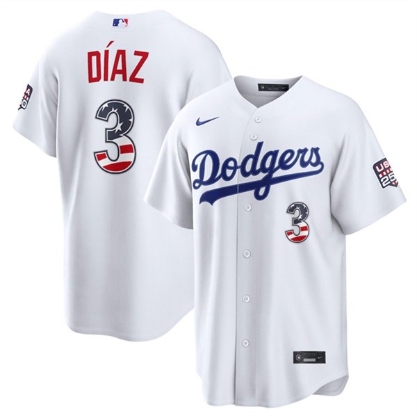 Men's Los Angeles Dodgers 3 Edwin Díaz White USA 250 Fourth of July Home Stitched Baseball Jersey