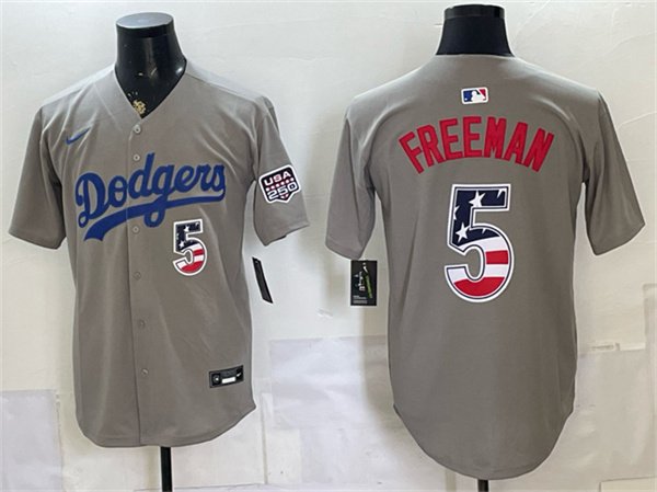 Men's Los Angeles Dodgers 5 Freddie Freeman Gray 250 Fourth of July Road Stitched Baseball Jersey