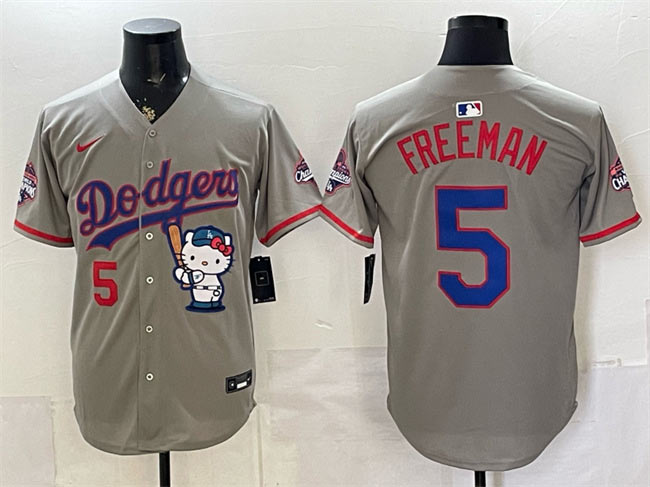Men's Los Angeles Dodgers 5 Freddie Freeman Grey Hello Kitty Night 2025 World Series Champions Patch Stitched Baseball Jersey