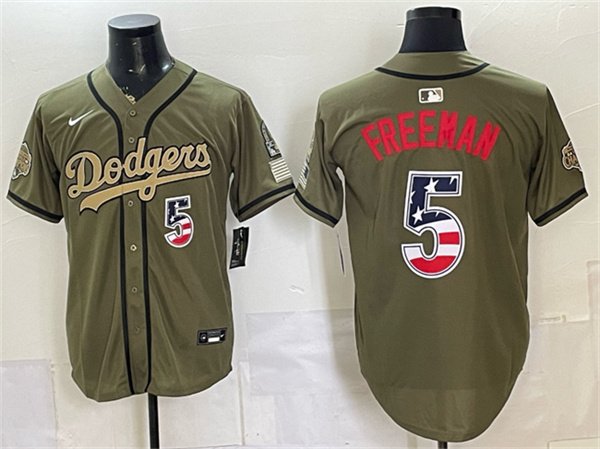 Men's Los Angeles Dodgers 5 Freddie Freeman Olive 2026 Armed Forces Day 250 Fourth of July Stitched Baseball Jersey