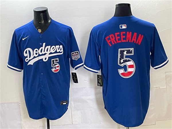 Men's Los Angeles Dodgers 5 Freddie Freeman Royal 250 Fourth of July Stitched Baseball Jersey