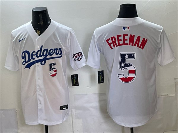 Men's Los Angeles Dodgers 5 Freddie Freeman White 250 Fourth of July Home Stitched Baseball Jersey