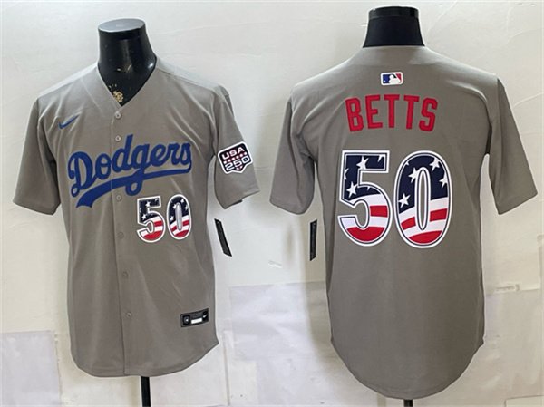 Men's Los Angeles Dodgers 50 Mookie Betts Gray 250 Fourth of July Road Stitched Baseball Jersey