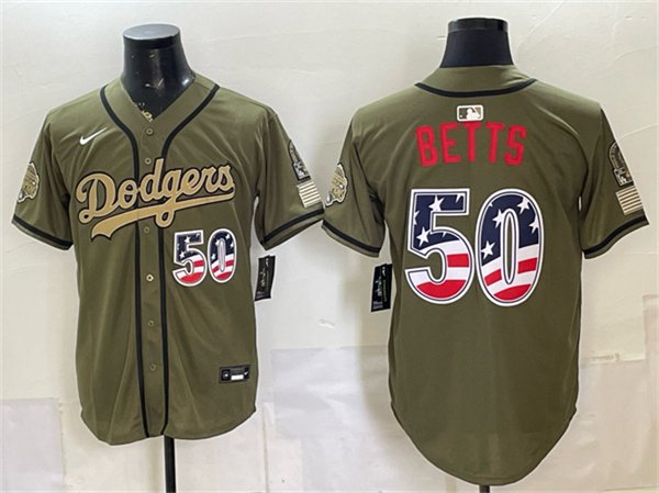 Men's Los Angeles Dodgers 50 Mookie Betts Olive 2026 Armed Forces Day 250 Fourth of July Stitched Baseball Jersey