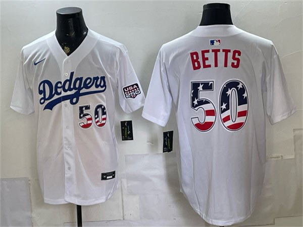 Men's Los Angeles Dodgers 50 Mookie Betts White 250 Fourth of July Home Stitched Baseball Jersey