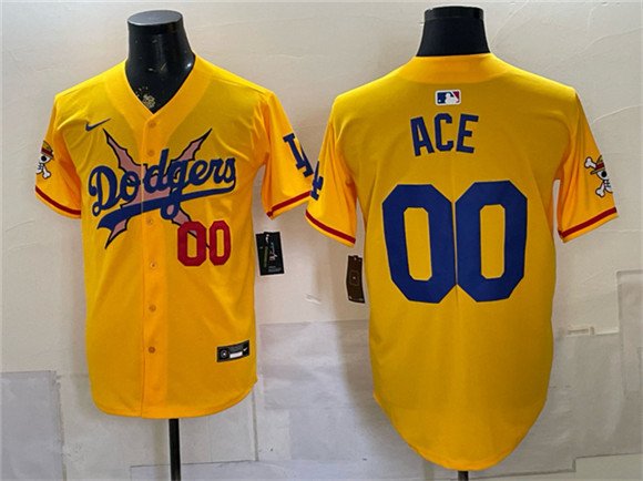 Men's Los Angeles Dodgers x One Piece 00 Ace Yellow Vapor Premier Limited Stitched Baseball Jersey