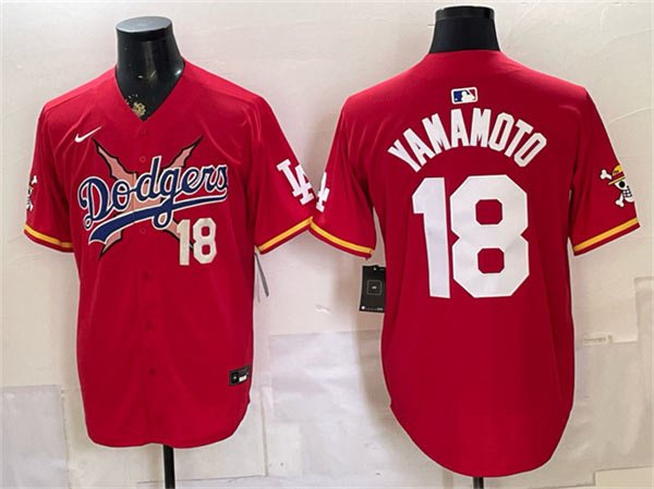 Men's Los Angeles Dodgers x One Piece 18 Yoshinobu Yamamoto Red Vapor Premier Limited Stitched Baseball Jersey
