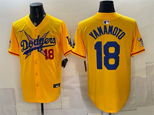 Men's Los Angeles Dodgers x One Piece 18 Yoshinobu Yamamoto Yellow Vapor Premier Limited Stitched Baseball Jersey