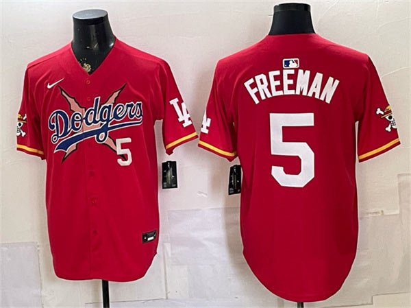 Men's Los Angeles Dodgers x One Piece 5 Freddie Freeman Red Vapor Premier Limited Stitched Baseball Jersey