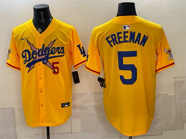 Men's Los Angeles Dodgers x One Piece 5 Freddie Freeman Yellow Vapor Premier Limited Stitched Baseball Jersey