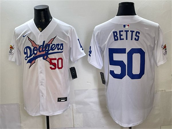 Men's Los Angeles Dodgers x One Piece 50 Mookie Betts White Vapor Premier Limited Stitched Baseball Jersey