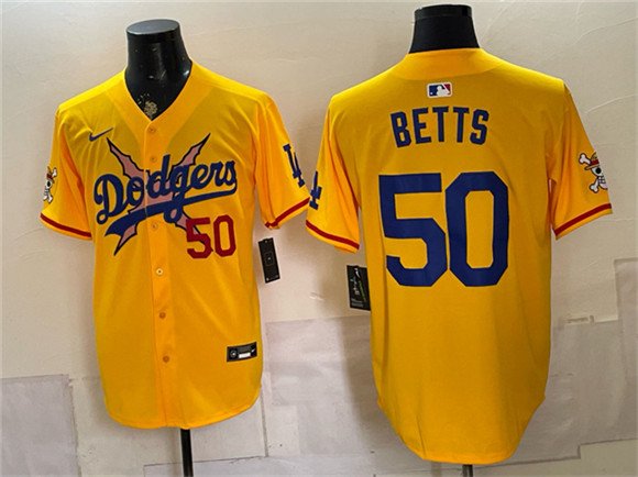 Men's Los Angeles Dodgers x One Piece 50 Mookie Betts Yellow Vapor Premier Limited Stitched Baseball Jersey