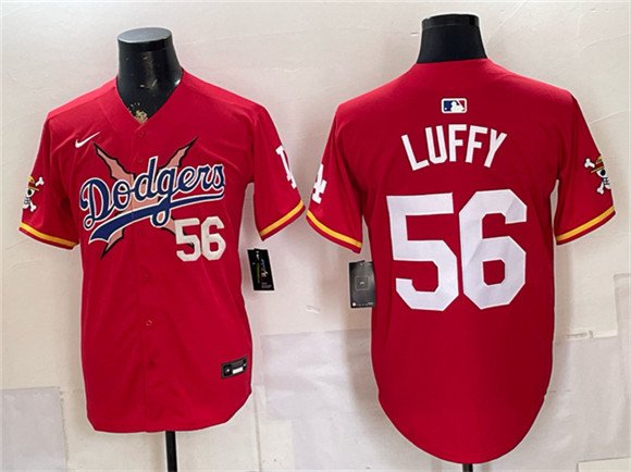 Men's Los Angeles Dodgers x One Piece 56 Luffy Red Vapor Premier Limited Stitched Baseball Jersey