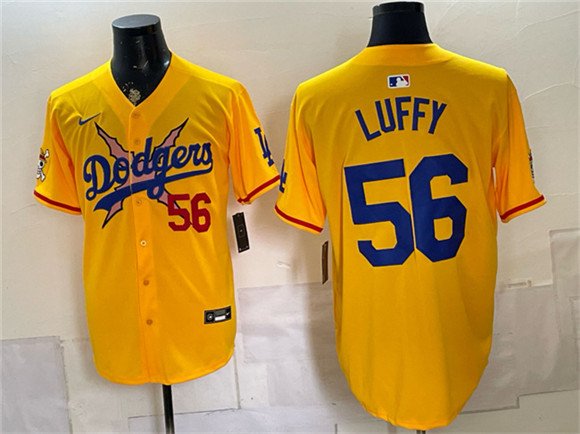 Men's Los Angeles Dodgers x One Piece 56 Luffy Yellow Vapor Premier Limited Stitched Baseball Jersey