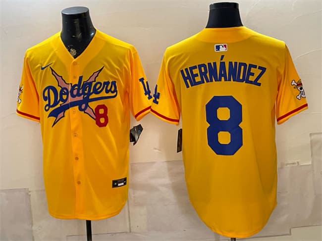 Men's Los Angeles Dodgers x One Piece 8 Enrique Hernández Yellow Vapor Premier Limited Stitched Baseball Jersey
