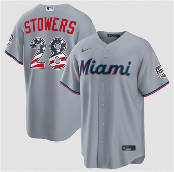 Men's Miami Marlins 28 Kyle Stowers Gray USA 250 Fourth of July Home Stitched Baseball Jersey