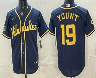 Men's Milwaukee Brewers 19 Robin Yount Navy Blue Stitched Cool Base Jersey