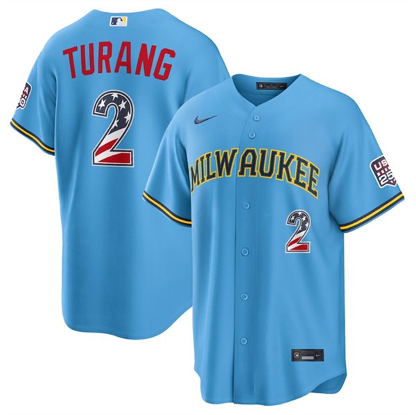 Men's Milwaukee Brewers 2 Brice Turang Blue 2026 USA 250 Fourth of July Home Stadium Stitched Baseball Jersey
