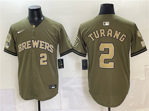Men's Milwaukee Brewers 2 Brice Turang Olive 2026 Armed Forces Day Stitched Baseball Jersey