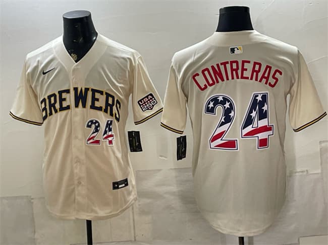Men's Milwaukee Brewers 24 William Contreras Cream 2026 USA 250 Fourth of July Home Stadium Stitched Baseball Jersey