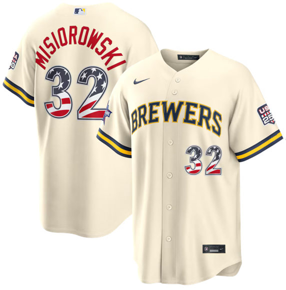 Men's Milwaukee Brewers 32 Jacob Misiorowski Cream 2026 All Star Edition Stars & Stripes USA 250 Patch Stitched Baseball Jersey